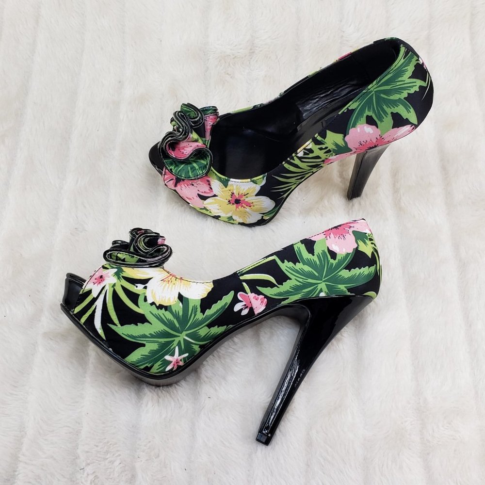 Tropical Floral Open Toe Ruffle Detail Platform Pumps Shoes - Picture 4 of 14